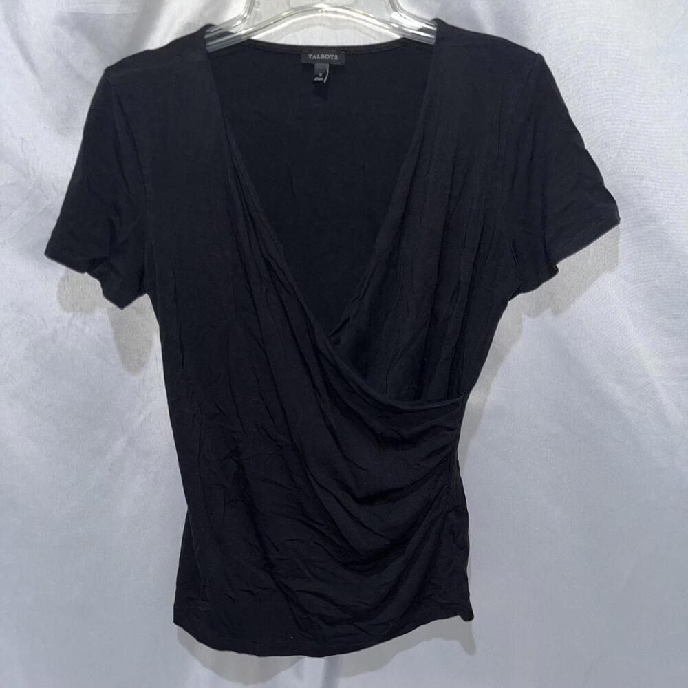 Talbots Faux Wrap Top Women’s Size Small Black Short Sleeve